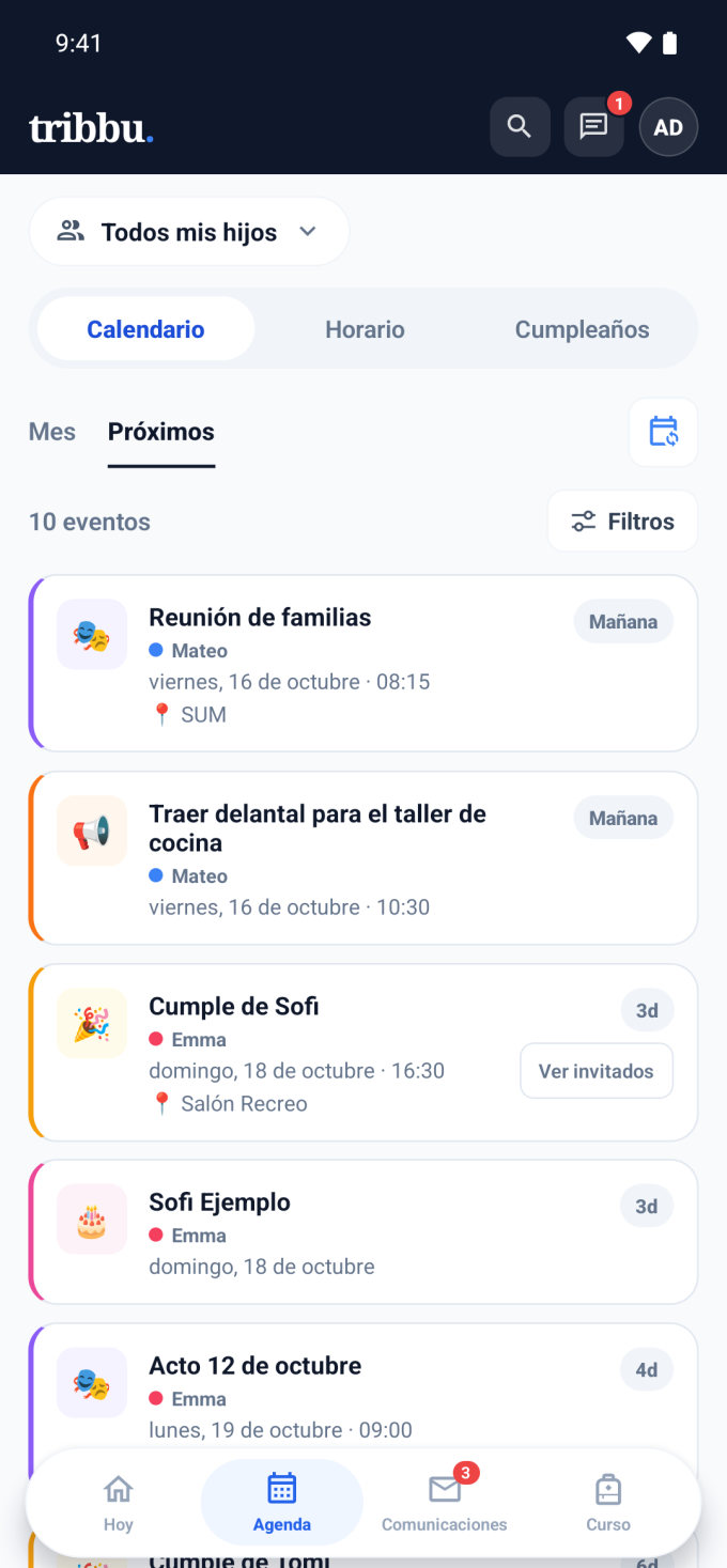 Agenda de tribbu en Todos mis hijos: los próximos eventos de Emma y Mateo, cada uno con su color