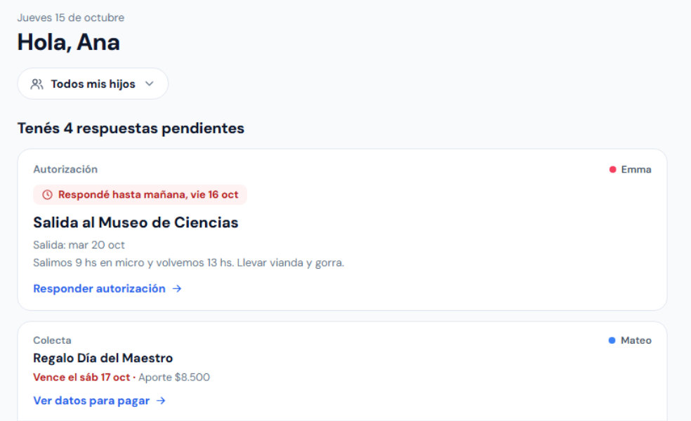 Inicio de tribbu con las respuestas pendientes, los próximos días y el menú de hoy