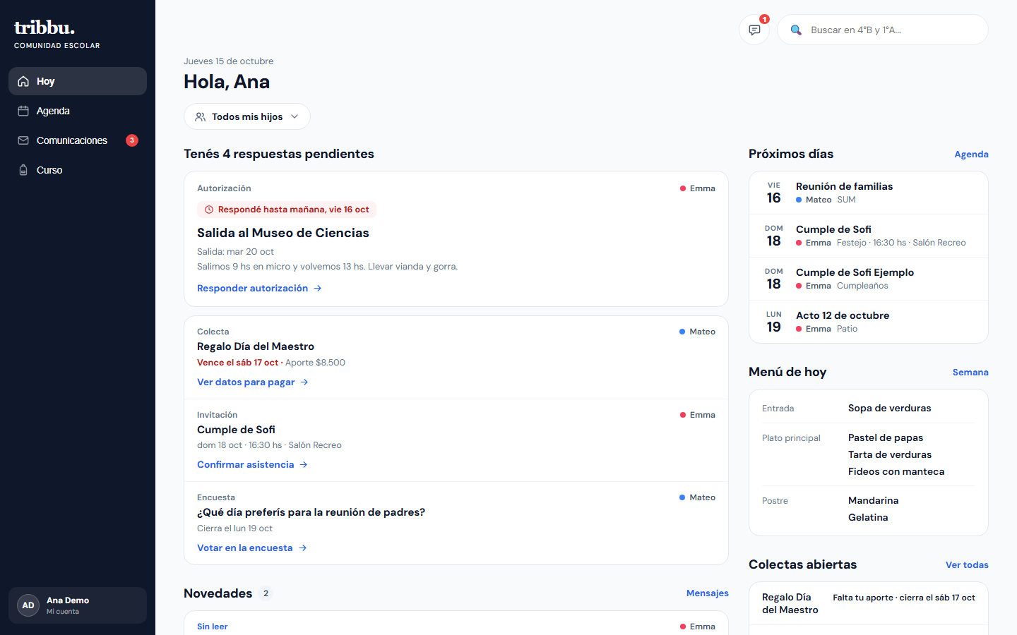 tribbu.ar/app en la compu: menú Hoy, Agenda, Comunicaciones y Curso, las respuestas pendientes, los próximos días y el menú de hoy